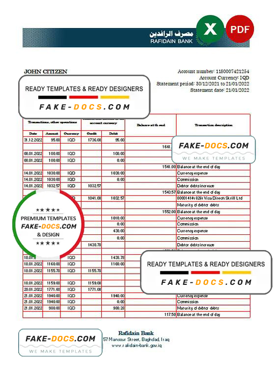 Iraq Rafidain Bank statement Excel and PDF template Iraq Rafidain Bank statement Excel and PDF template