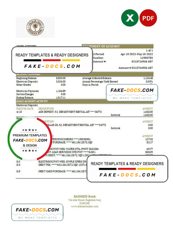 Iraq Rasheed bank statement Excel and PDF template Iraq Rasheed bank statement Excel and PDF template