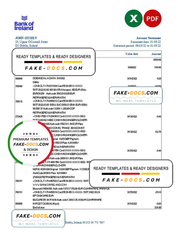 Ireland Bank of Ireland bank statement Excel and PDF template Ireland Bank of Ireland bank statement Excel and PDF template