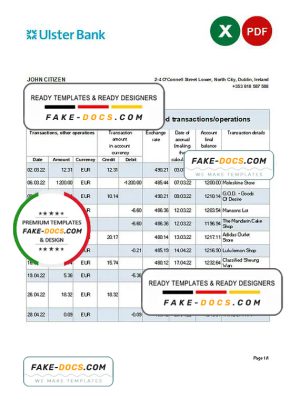 Ireland Ulster Bank statement Excel and PDF template Ireland Ulster Bank statement Excel and PDF template