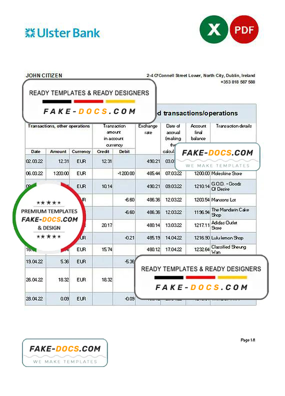 Ireland Ulster Bank statement Excel and PDF template Ireland Ulster Bank statement Excel and PDF template
