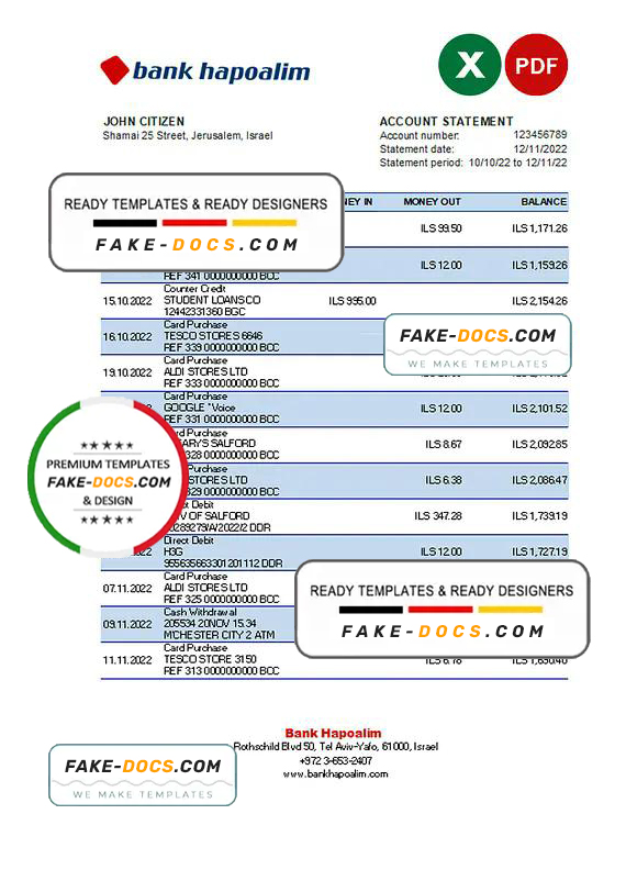 Israel Hapoalim bank statement Excel and PDF template Israel Hapoalim bank statement Excel and PDF template