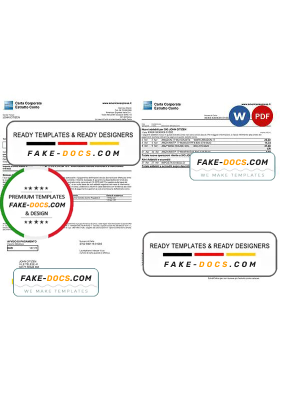 Italy American Express Amex bank card statement Word and PDF template, 3 pages Italy American Express Amex bank card statement Word and PDF template, 3 pages