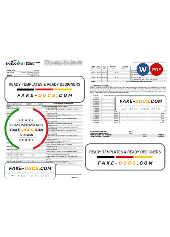 Italy Banco BPM bank statement Word and PDF template, 8 pages Italy Banco BPM bank statement Word and PDF template, 8 pages