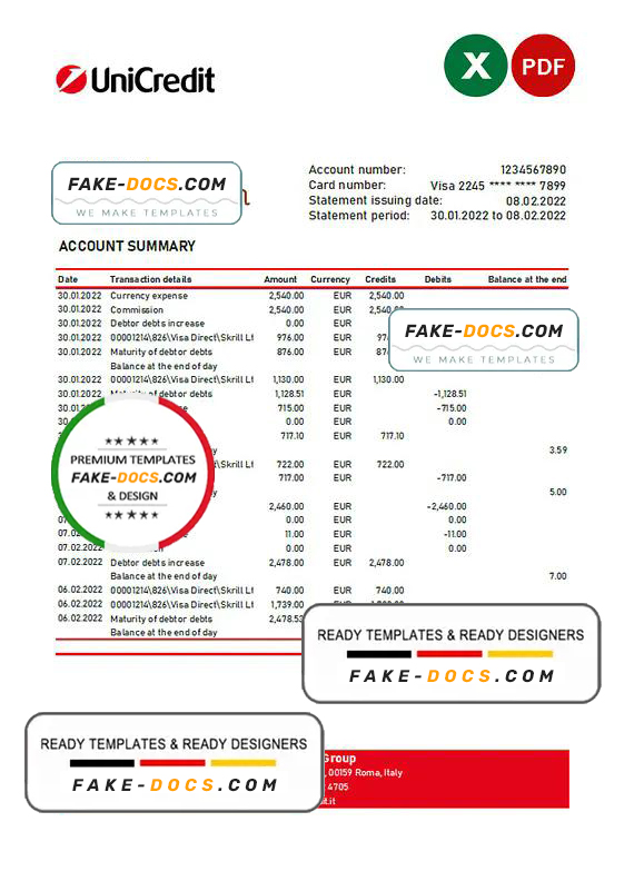 Italy Unicredit bank statement Excel and PDF template Italy Unicredit bank statement Excel and PDF template
