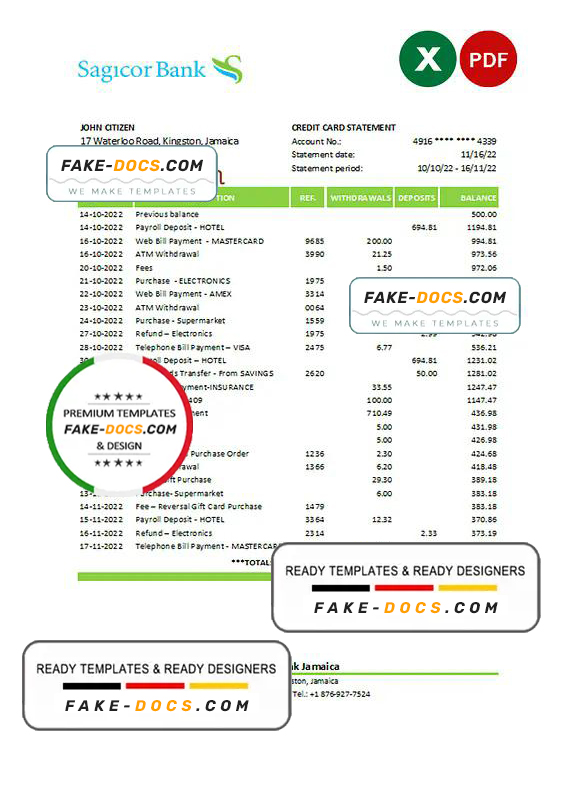 Jamaica Sagicor bank statement Excel and PDF template Jamaica Sagicor bank statement Excel and PDF template