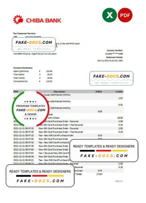 Japan Chiba bank statement Excel and PDF template Japan Chiba bank statement Excel and PDF template