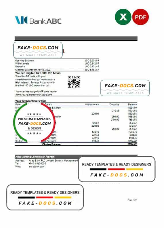 Jordan ABC bank statement Excel and PDF template Jordan ABC bank statement Excel and PDF template