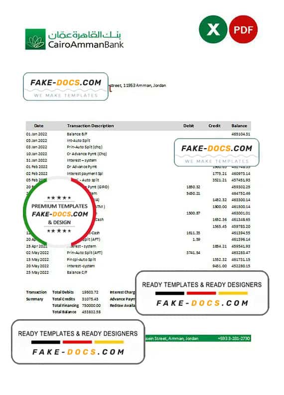 Jordan Cairo Amman bank statement Excel and PDF template Jordan Cairo Amman bank statement Excel and PDF template