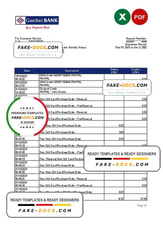 Kenya Guardian Bank statement Excel and PDF template Kenya Guardian Bank statement Excel and PDF template