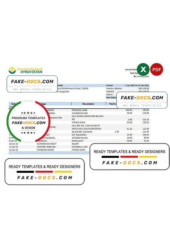 Kyrgyzstan Commercial bank statement Excel and PDF template Kyrgyzstan Commercial bank statement Excel and PDF template