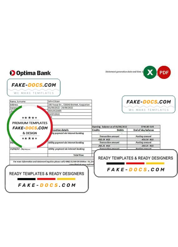 Kyrgyzstan Optima bank statement Excel and PDF template Kyrgyzstan Optima bank statement Excel and PDF template