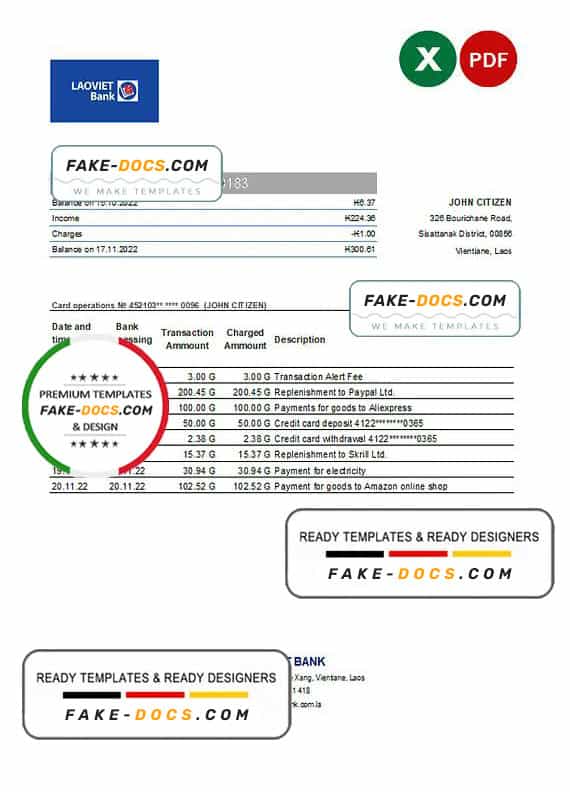 Laos Lao Viet bank statement Excel and PDF template Laos Lao Viet bank statement Excel and PDF template