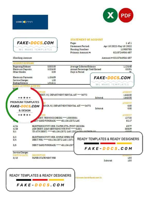 Laos LCNB bank statement Excel and PDF template Laos LCNB bank statement Excel and PDF template