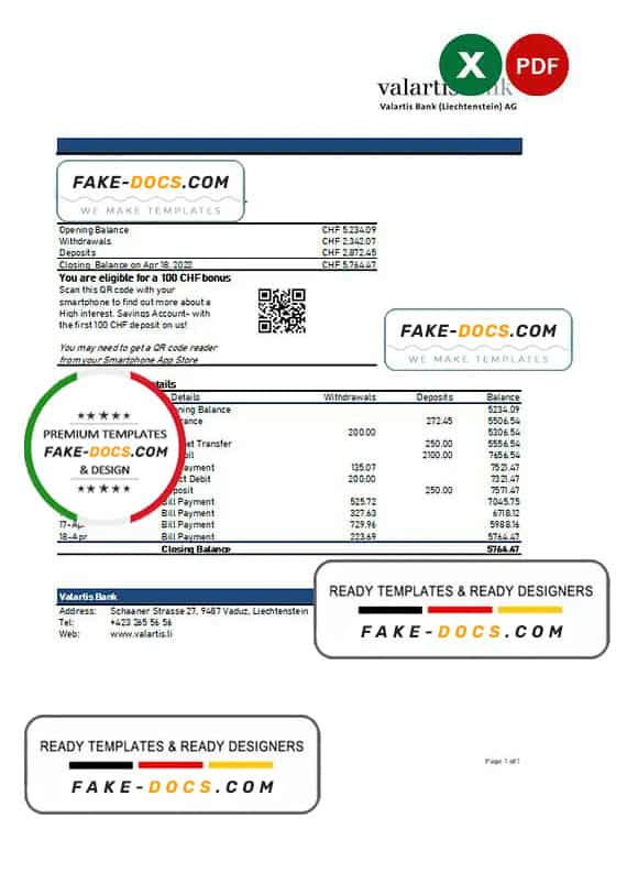 Liechtenstein Valartis bank statement Excel and PDF template Liechtenstein Valartis bank statement Excel and PDF template
