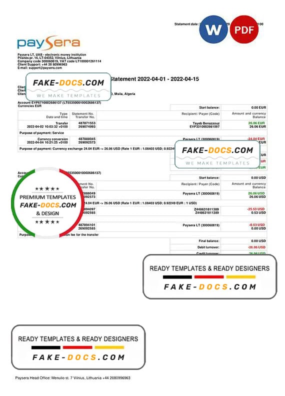 Lithuania Paysera account statement, Word and PDF template Lithuania Paysera account statement, Word and PDF template