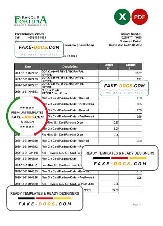 Luxembourg Fortuna Banque bank statement Excel and PDF template Luxembourg Fortuna Banque bank statement Excel and PDF template