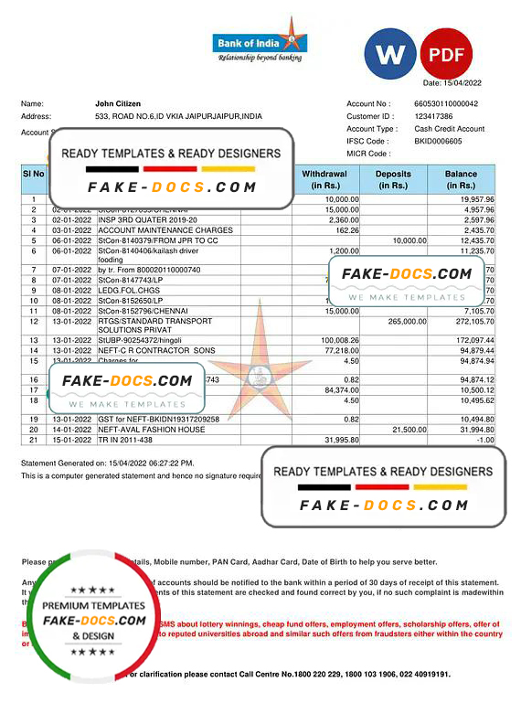 India Bank of India bank statement Word and PDF template India Bank of India bank statement Word and PDF template