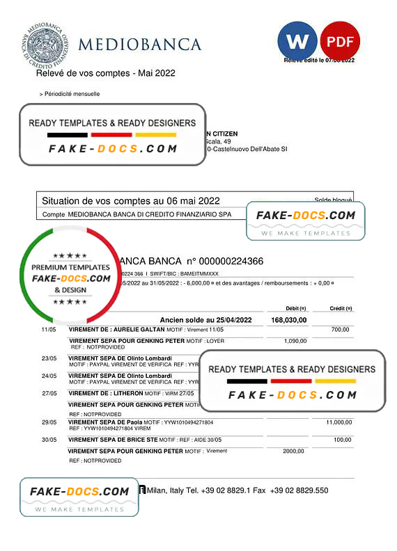 Italy Mediobanca bank statement Word and PDF template Italy Mediobanca bank statement Word and PDF template