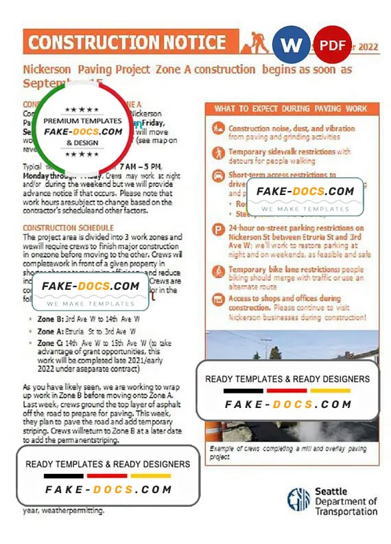 USA Washington Seattle Construction Notice, Word and PDF template, 2 pages USA Washington Seattle Construction Notice, Word and PDF template, 2 pages