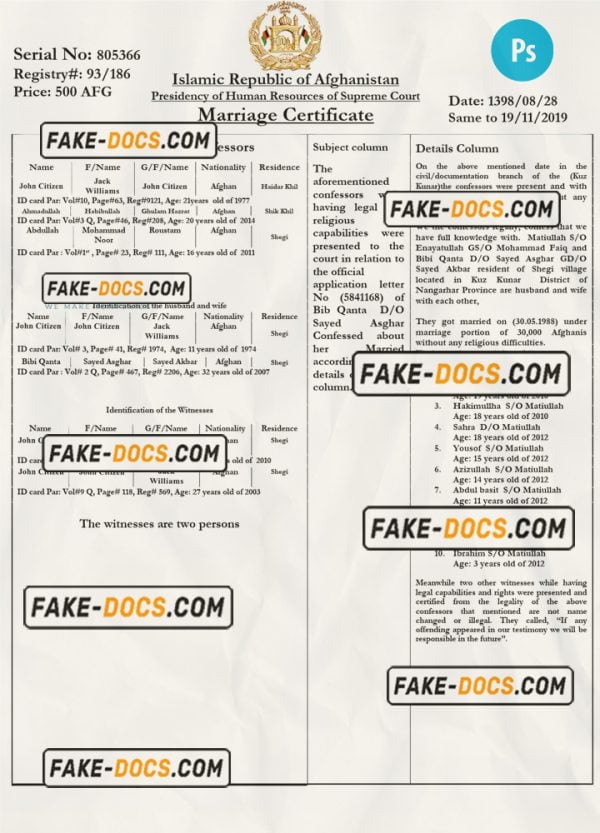 AFGHANISTAN marriage certificate PSD template, with fonts