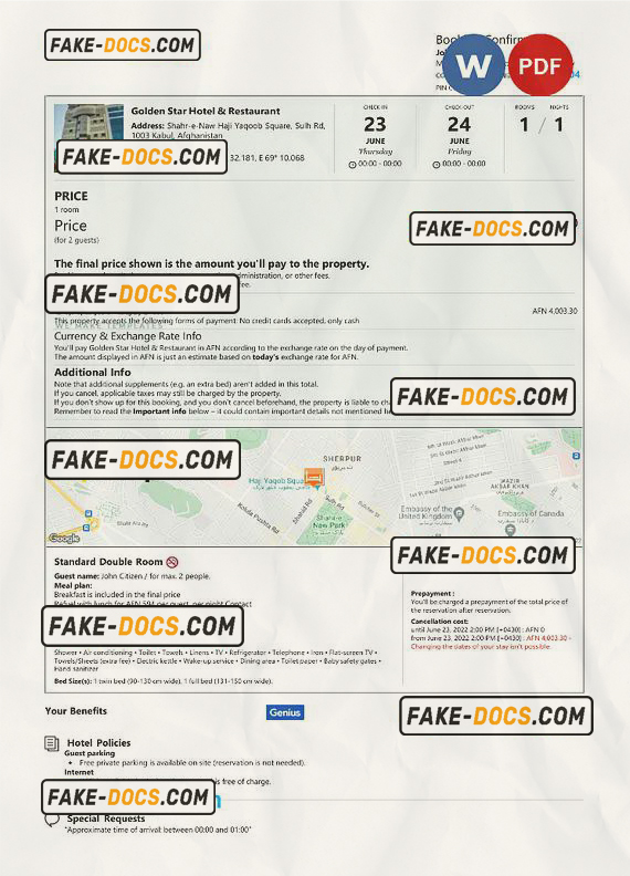 Afghanistan hotel booking confirmation Word and PDF template scan