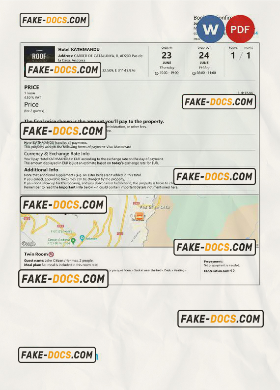 Andorra hotel booking confirmation Word and PDF template, 2 pages scan