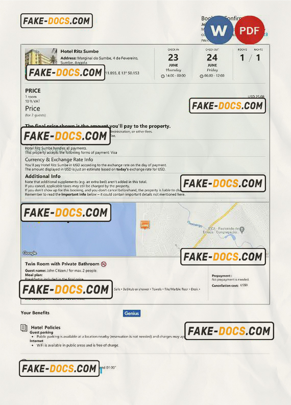 Angola hotel booking confirmation Word and PDF template, 2 pages scan