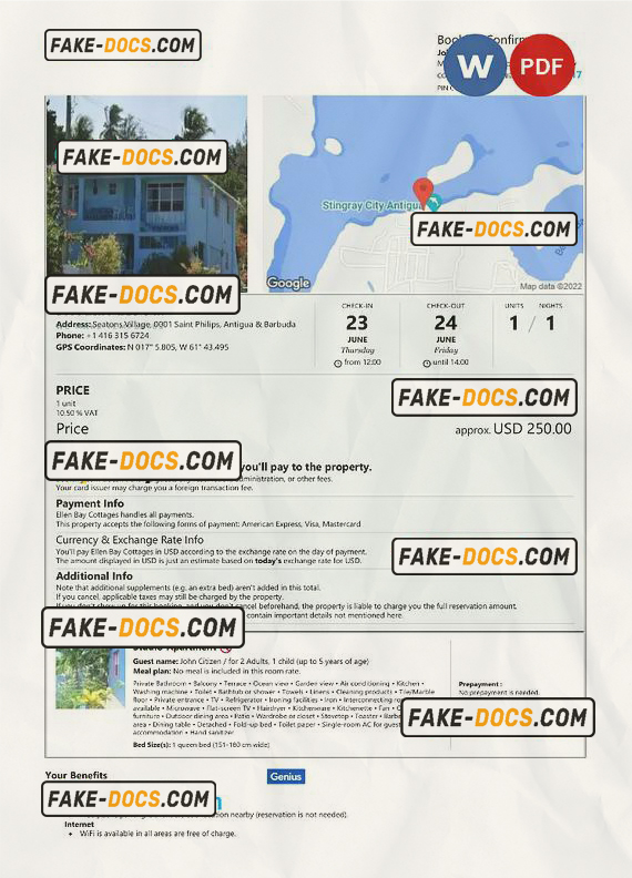 Antigua & Barbuda hotel booking confirmation Word and PDF template, 2 pages scan