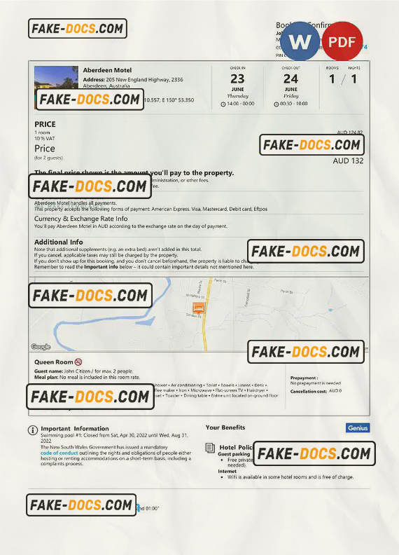 Australia hotel booking confirmation Word and PDF template, 2 pages scan