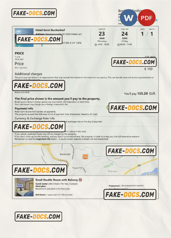 Austria hotel booking confirmation Word and PDF template, 2 pages scan