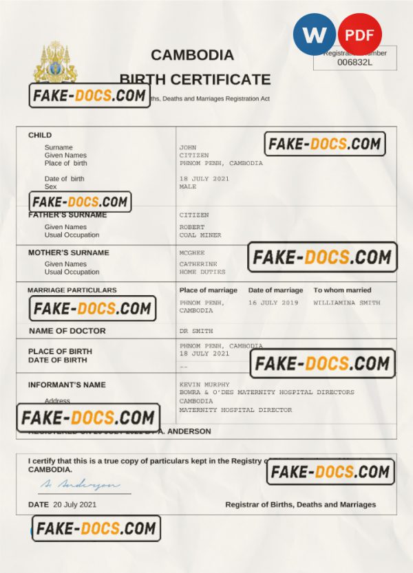 Cambodia birth certificate Word and PDF template, completely editable scan