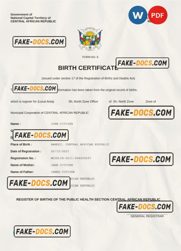 Central Affrican Republic vital record birth certificate Word and PDF template, completely editable scan