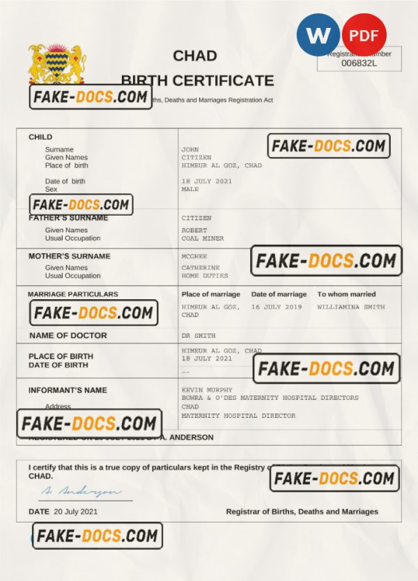 Chad birth certificate Word and PDF template, completely editable scan