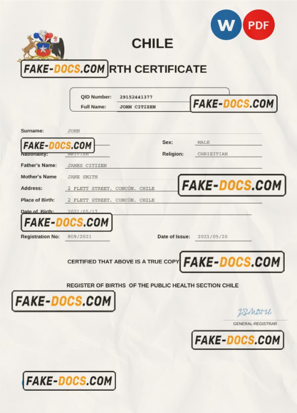 Chile vital record birth certificate Word and PDF template, completely editable scan