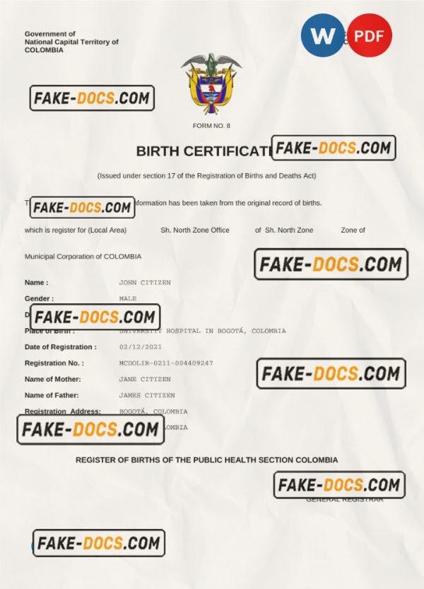 Colombia vital record birth certificate Word and PDF template, completely editable scan
