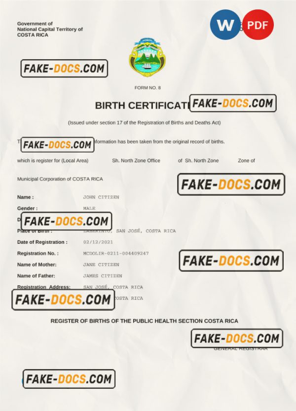 Costa Rica birth certificate Word and PDF template, completely editable scan