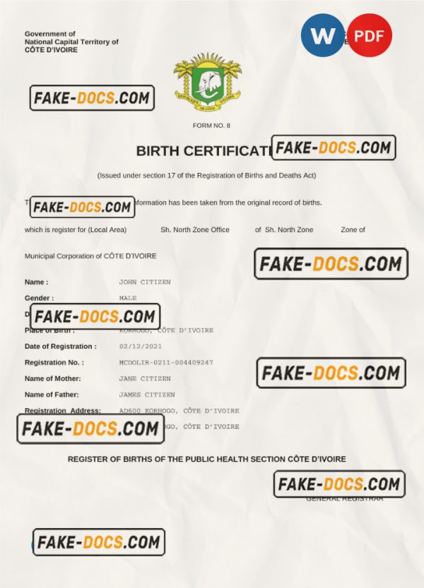 Cote d’Ivoire vital record birth certificate Word and PDF template, completely editable scan