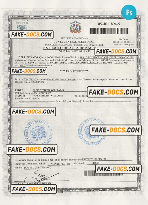 DOMINICAN REPUBLIC vital record birth certificate PSD template