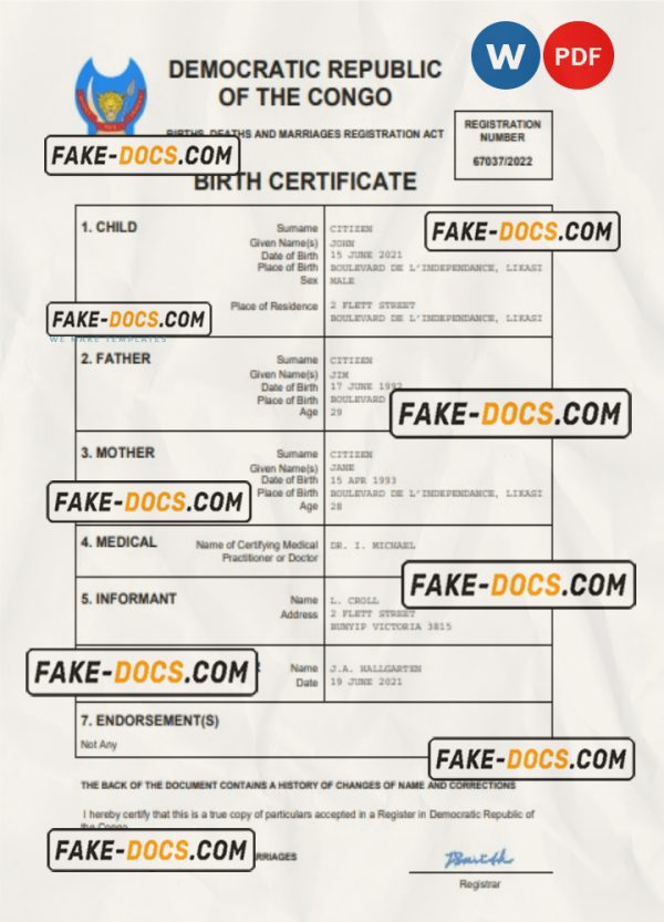 Democratic Republic of the Congo birth certificate Word and PDF template, completely editable scan