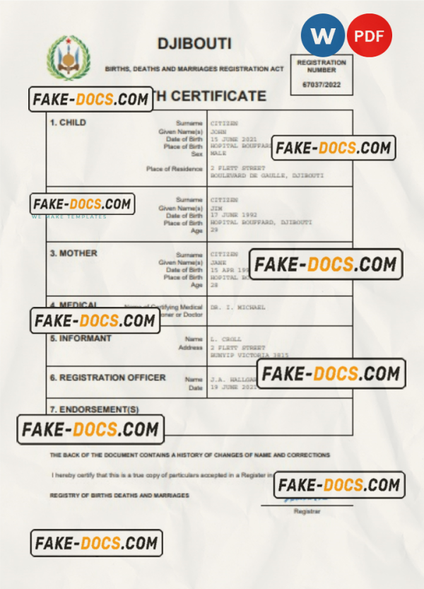 Djibouti birth certificate Word and PDF template, completely editable scan