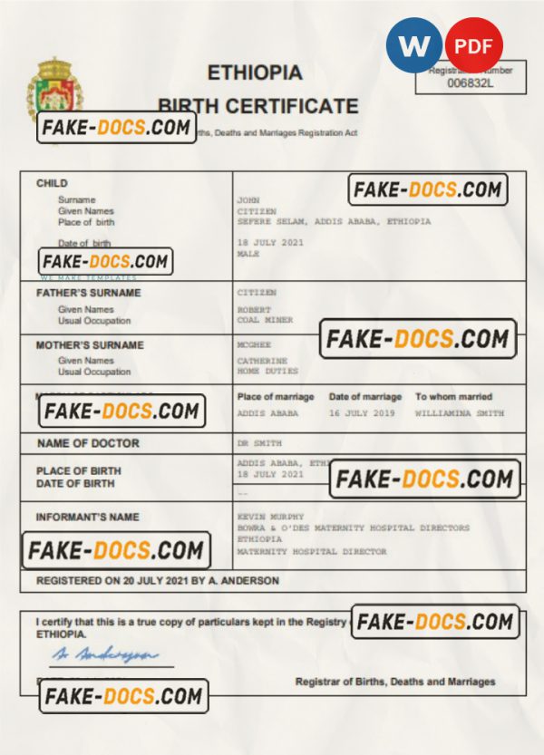 Ethiopia vital record birth certificate Word and PDF template, completely editable scan