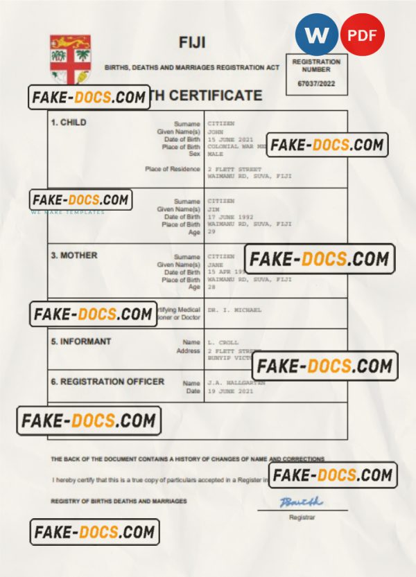 Fiji birth certificate Word and PDF template, completely editable scan