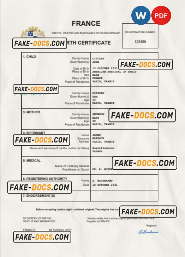 France birth certificate Word and PDF template, completely editable scan