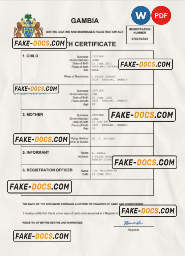 Gambia birth certificate Word and PDF template, completely editable scan
