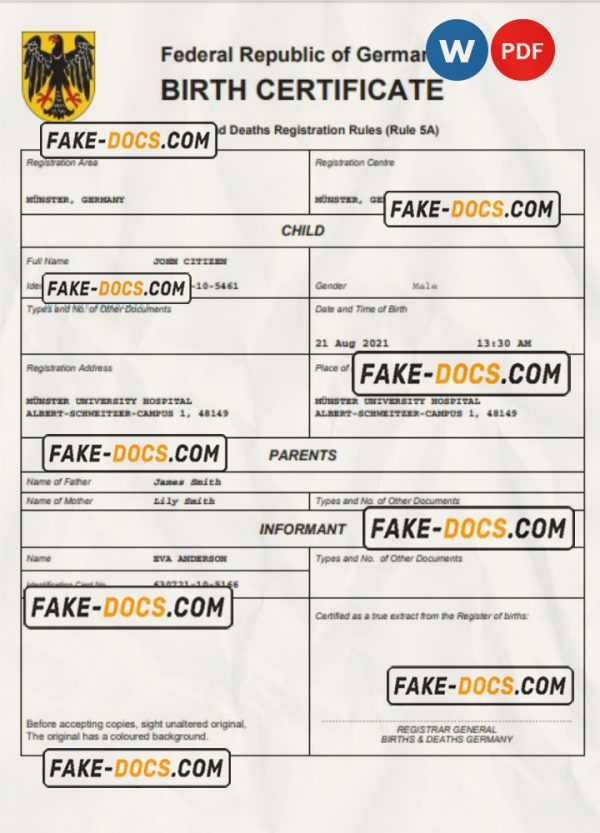 Germany birth certificate Word and PDF template, completely editable scan