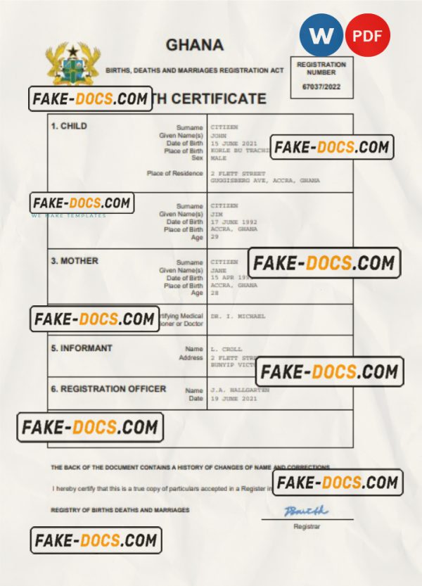 Ghana vital record birth certificate Word and PDF template, completely editable scan