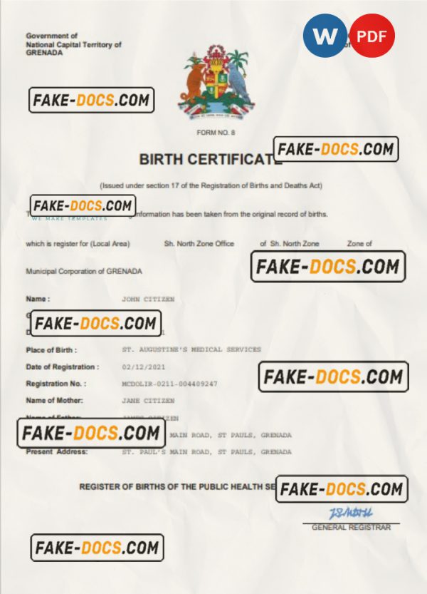 Grenada vital record birth certificate Word and PDF template, completely editable scan