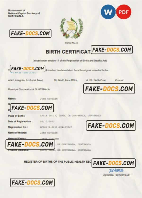 Guatemala birth certificate Word and PDF template, completely editable Scan