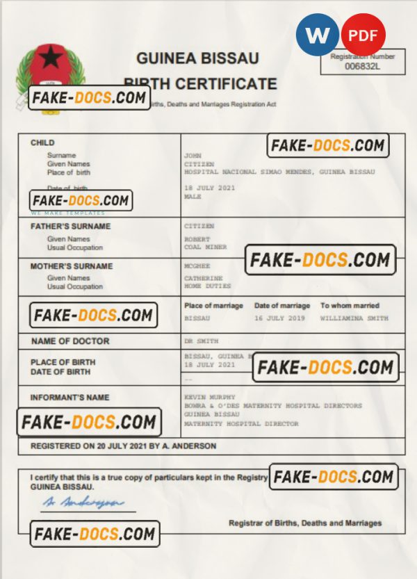 Guinea Bissau birth certificate Word and PDF template, completely editable scan